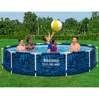 Bestway Steel Pro MAX 12'x30" tropical blue pool set with five people playing with beach ball