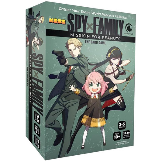 Spy x Family Mission for Peanuts card game box featuring anime characters in spy outfits on green background