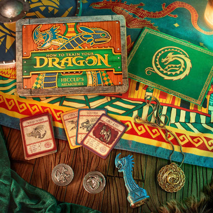 How to Train Your Dragon Hiccup's Memories collector set with dragon cards, coins, and medallions