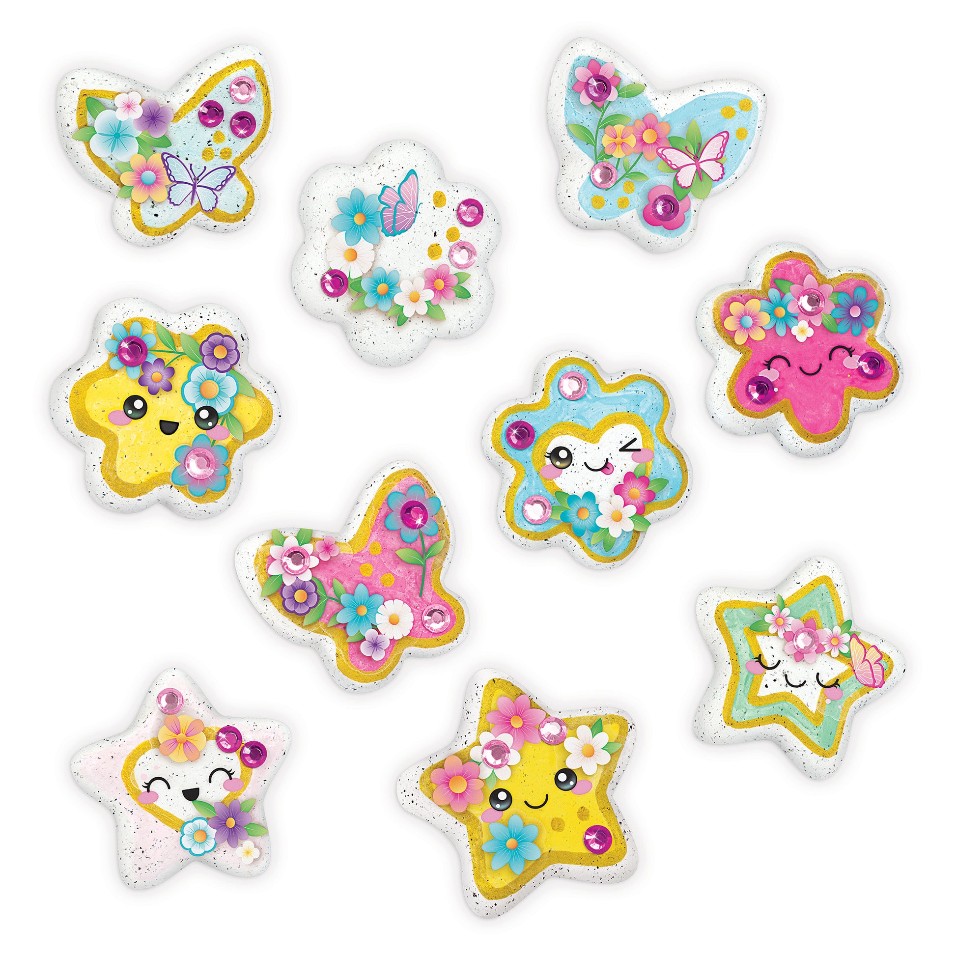 Rock Dough Glowing Garden colorful flower-decorated shapes with smiling faces