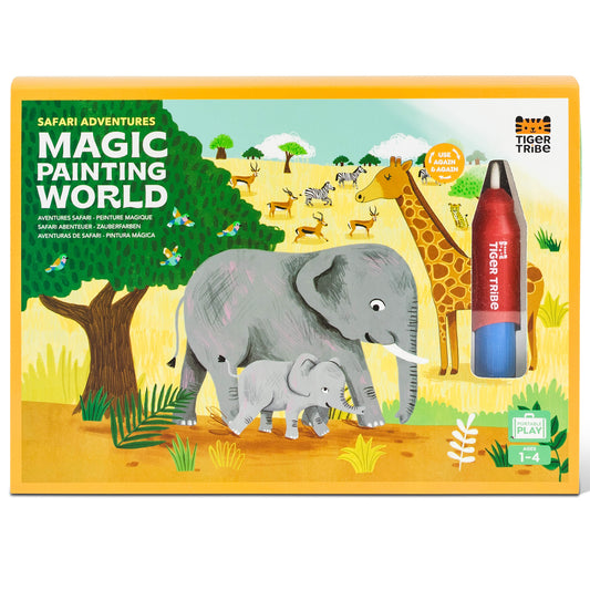 Safari Adventures Magic Painting World set box showing mother and baby elephant on savanna landscape with giraffe, zebras, and trees, includes reusable water pa