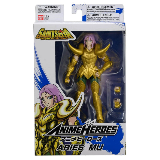 Bandai Anime Heroes Aries Mu action figure in gold armor with purple hair, shown in packaging with character artwork and interchangeable hands