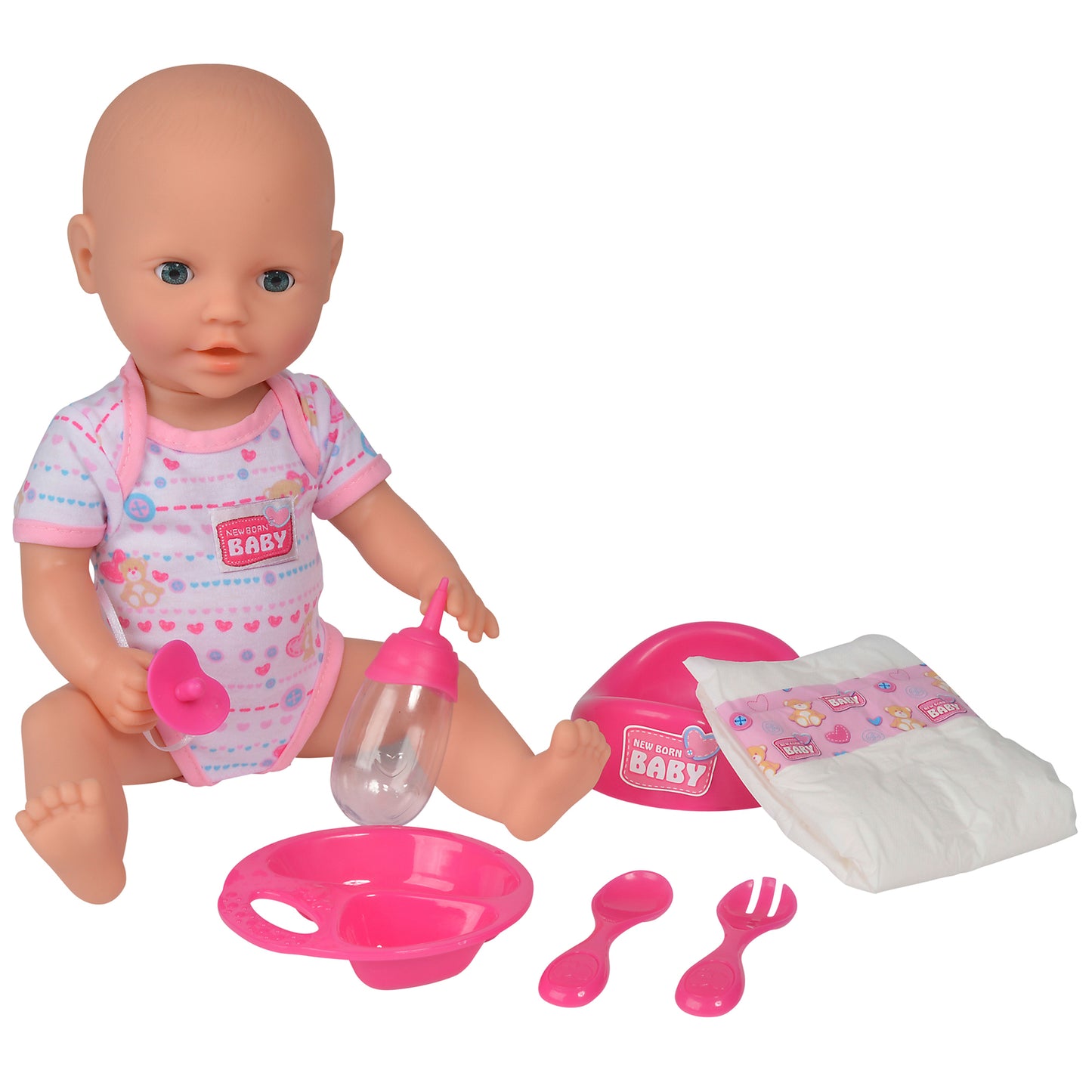 Simba Toys 15" Drink & Wet Baby Doll Set - Pink Heart Onesie