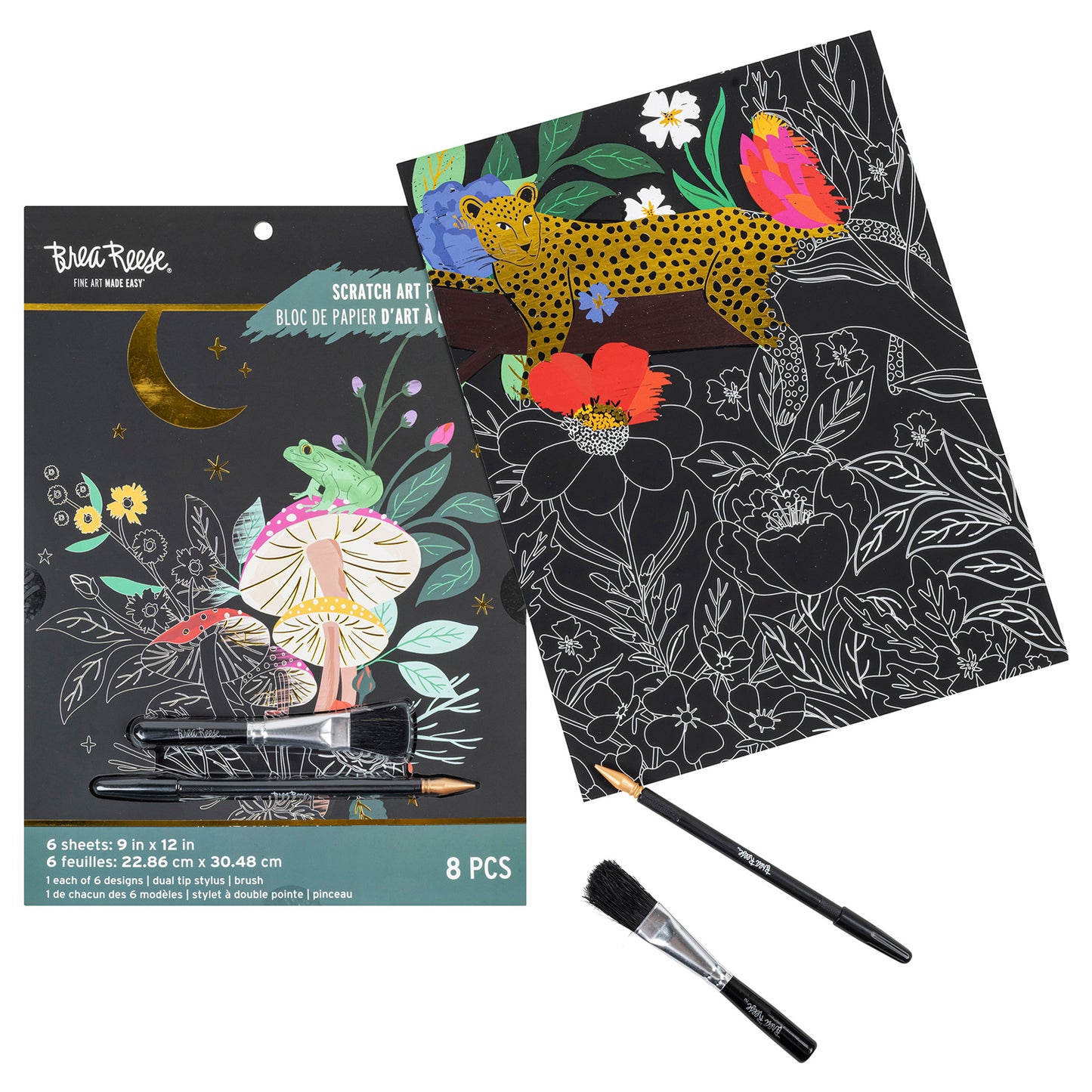 Scratch Art Kit: Mythical Animals with colorful designs, brushes, and black scratch sheets