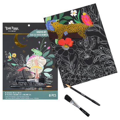 Scratch Art Kit: Mythical Animals with colorful designs, brushes, and black scratch sheets