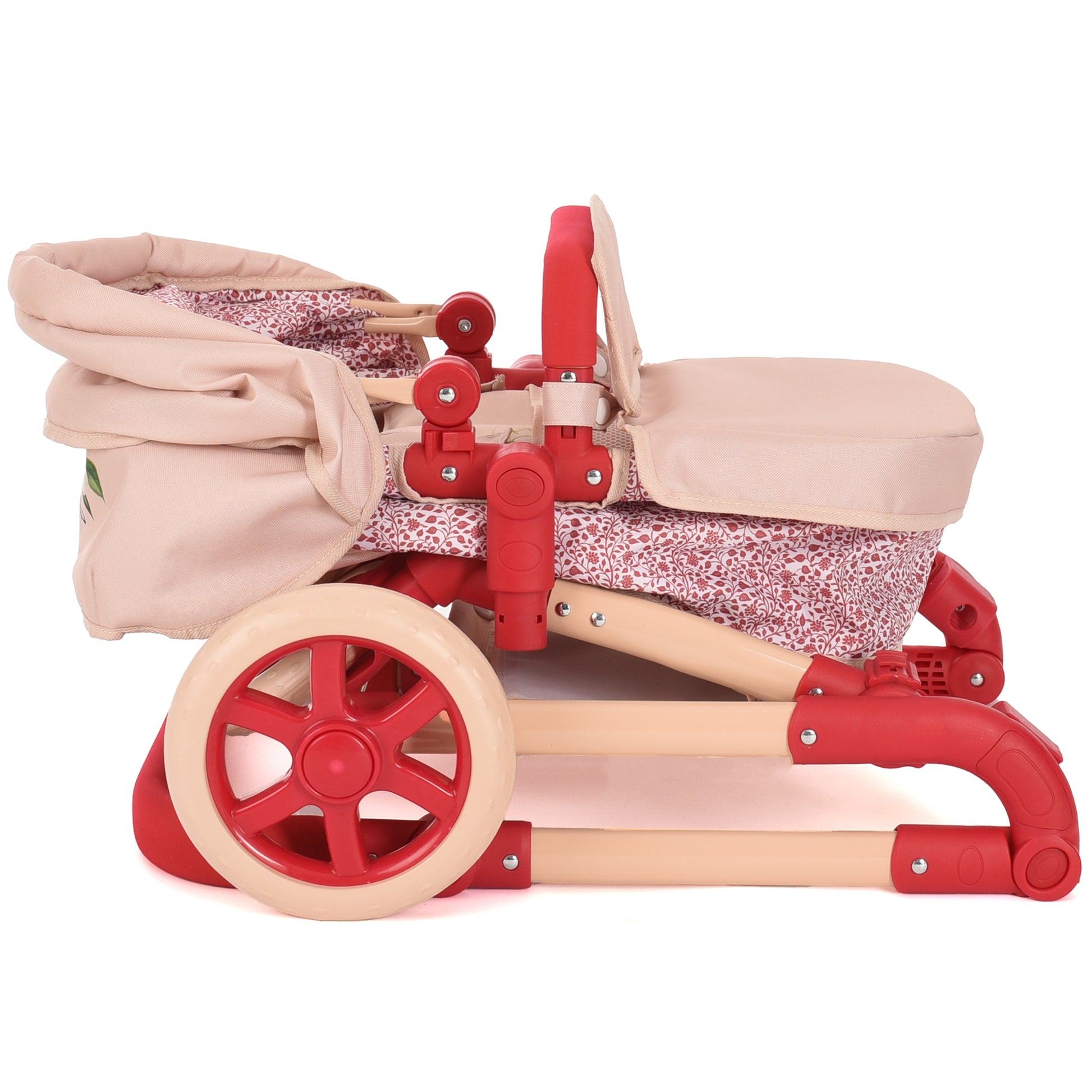 Roma RHS Single Doll Pram Flora in red and beige with floral fabric