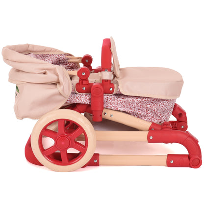 Roma RHS Single Doll Pram Flora in red and beige with floral fabric