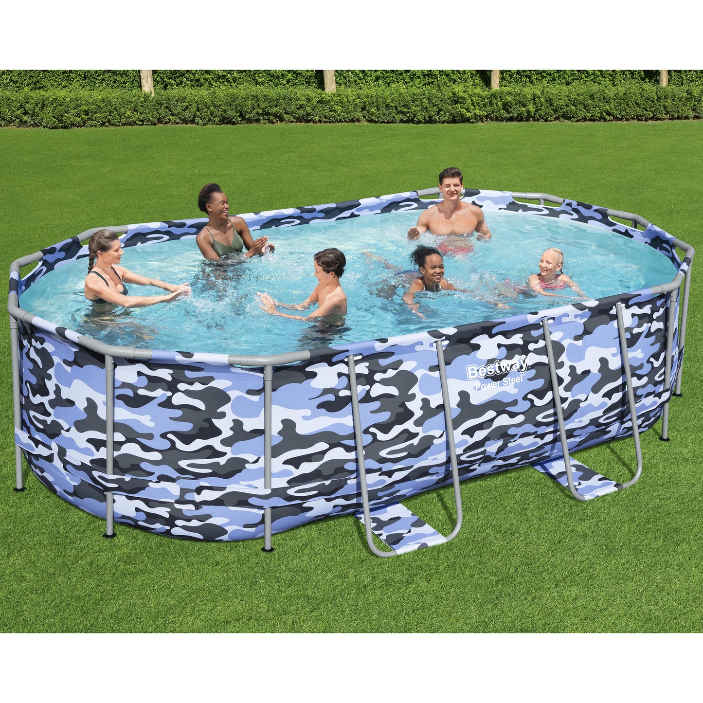 Steel Max Pro 14' x 8'2" rectangular above-ground pool set with blue camouflage frame design, family enjoying swimming