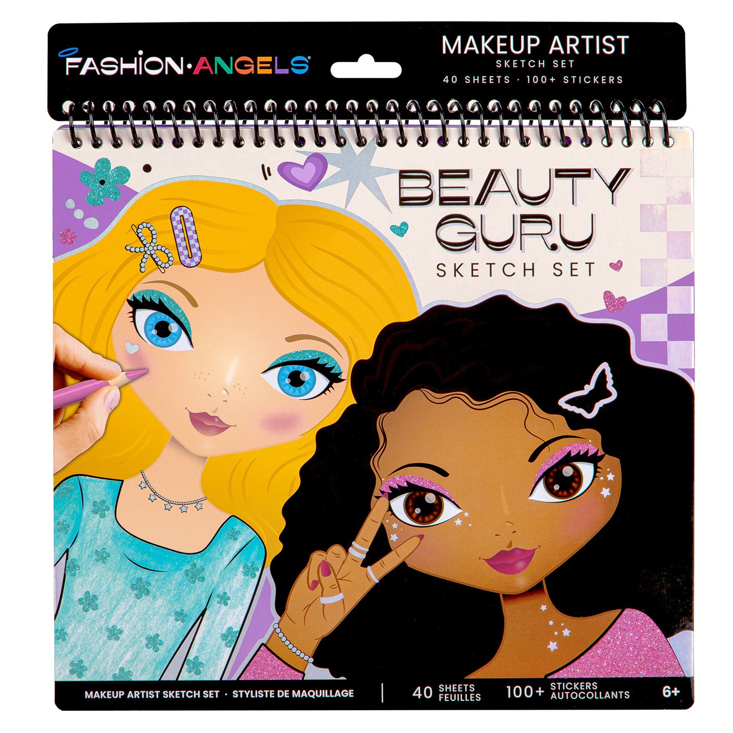 Fashion Angels Beauty Guru Makeup Artist Sketch Set with spiral binding, featuring illustrated faces with colorful makeup designs and decorative stickers, 40 sh