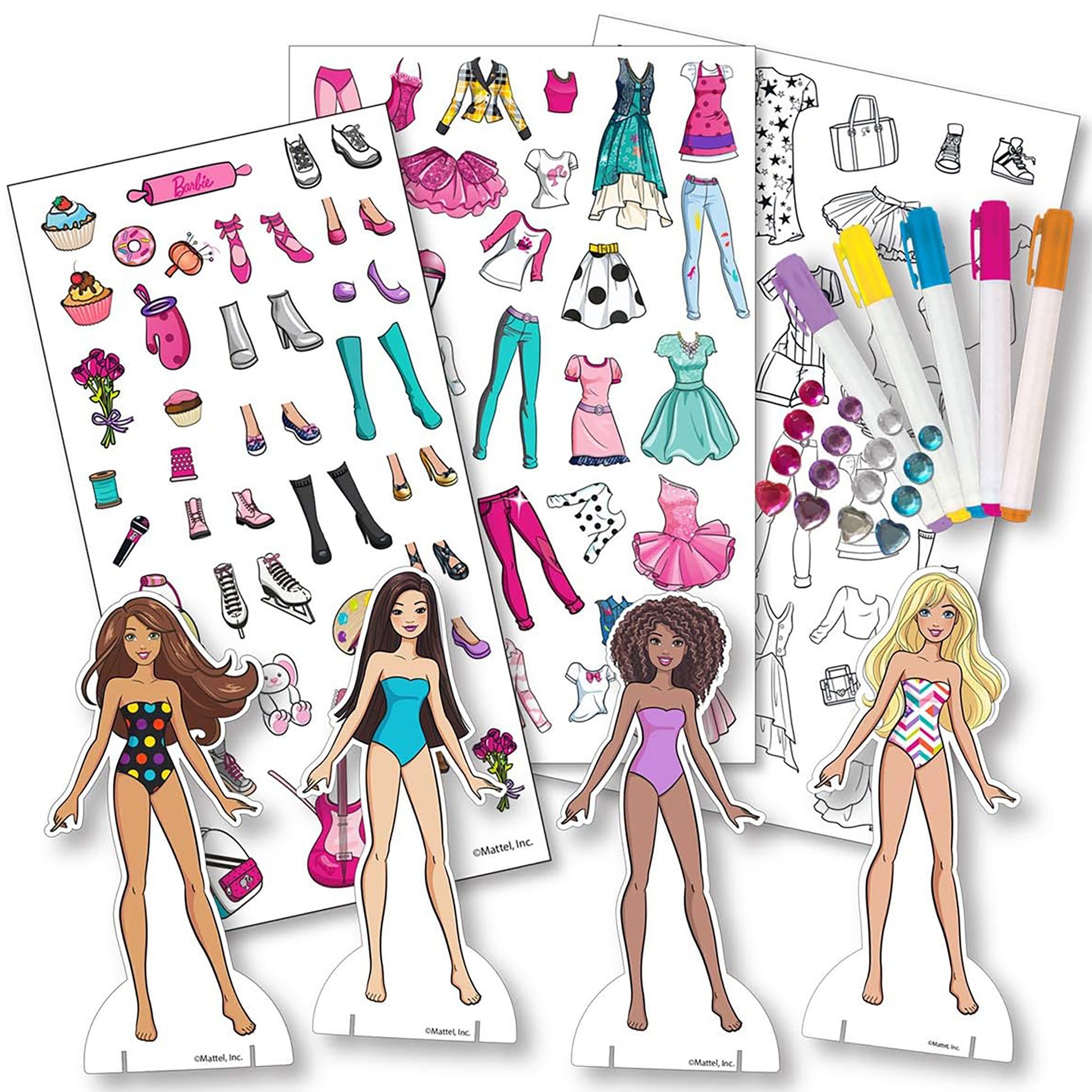 Barbie Fabric Fashions Paper Dolls with colorful markers and clothing stickers