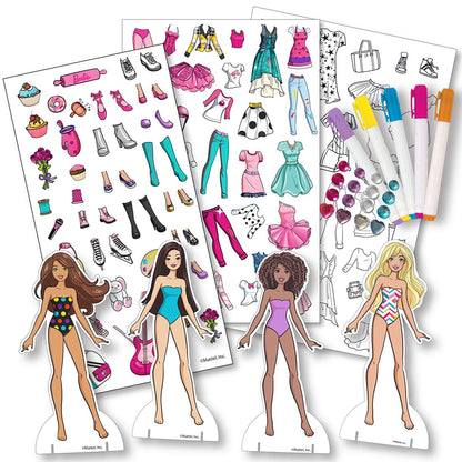 Barbie Fabric Fashions Paper Dolls with colorful markers and clothing stickers