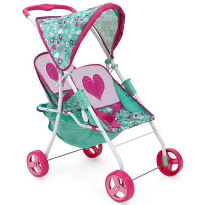 509 Crew Mint Heart Tandem Twin Doll Stroller with pink and turquoise design