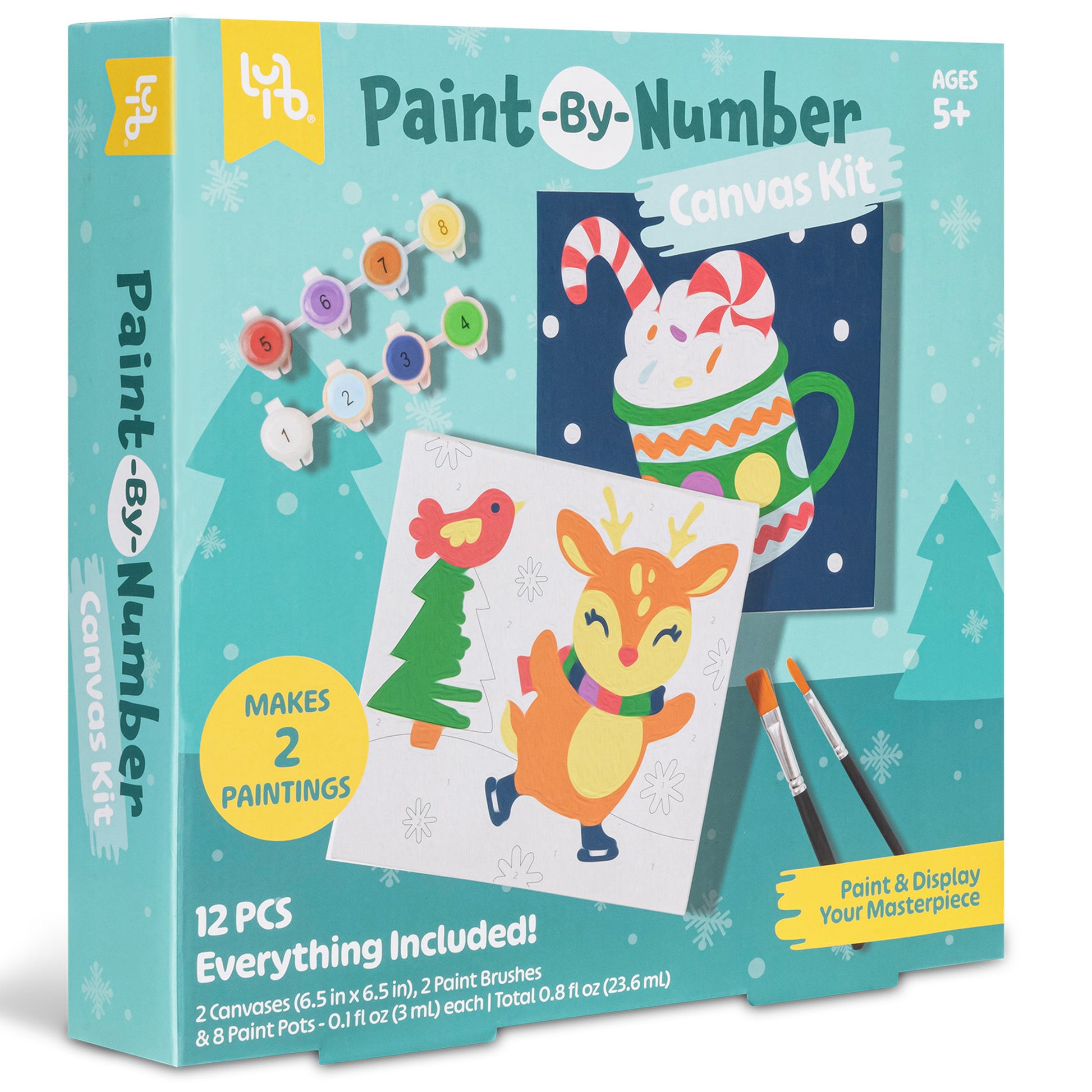 LYB Reindeer Paint-By-Number Canvas Kit with 2 canvases, paint pots, and brushes