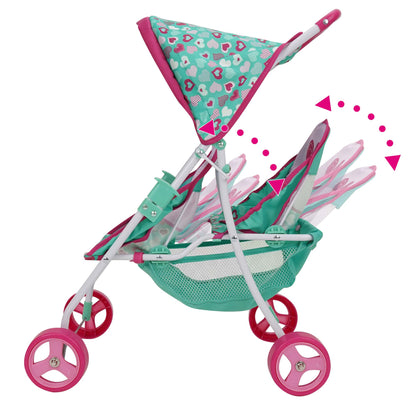 509 Crew Mint Heart Tandem Twin Doll Stroller with pink wheels and heart pattern