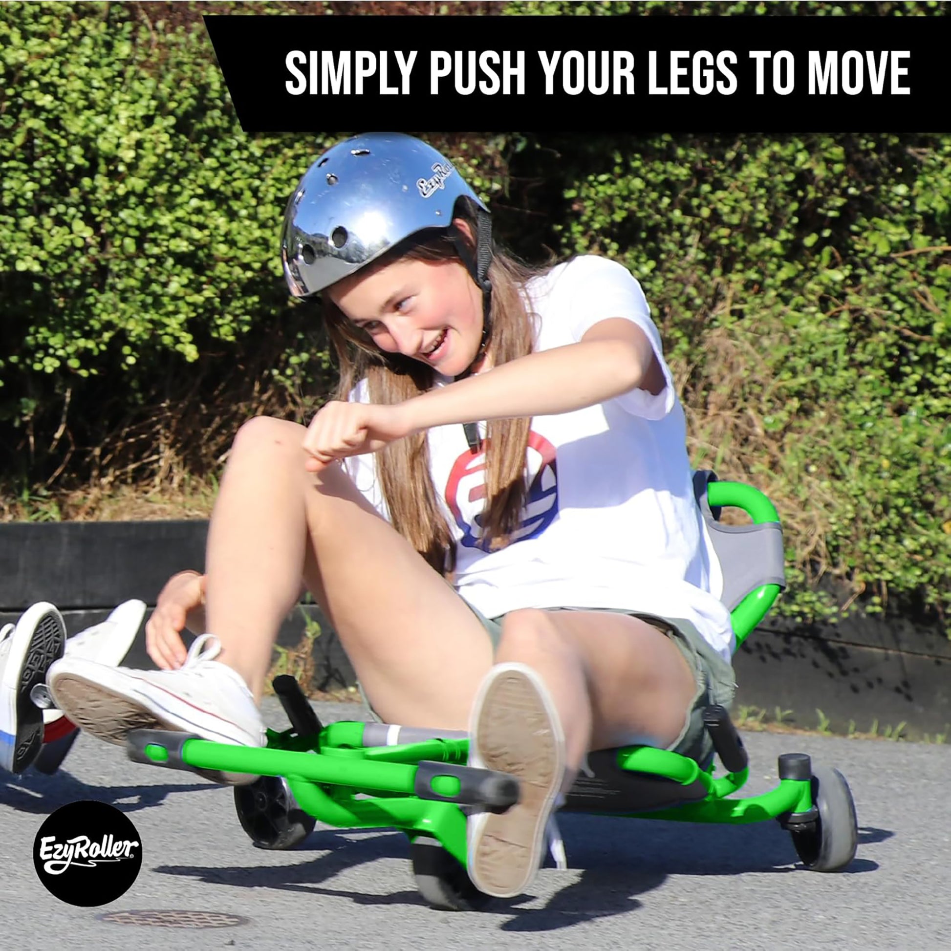 EzyRoller Drifter Pro X lime green ride-on toy with child demonstrating leg-powered movement