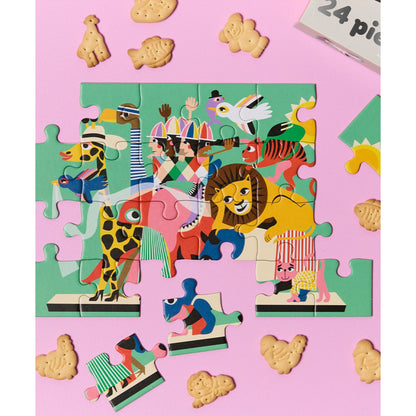 JOS 24 Piece Puzzle Animal Carnival with colorful circus animals on green and pink background