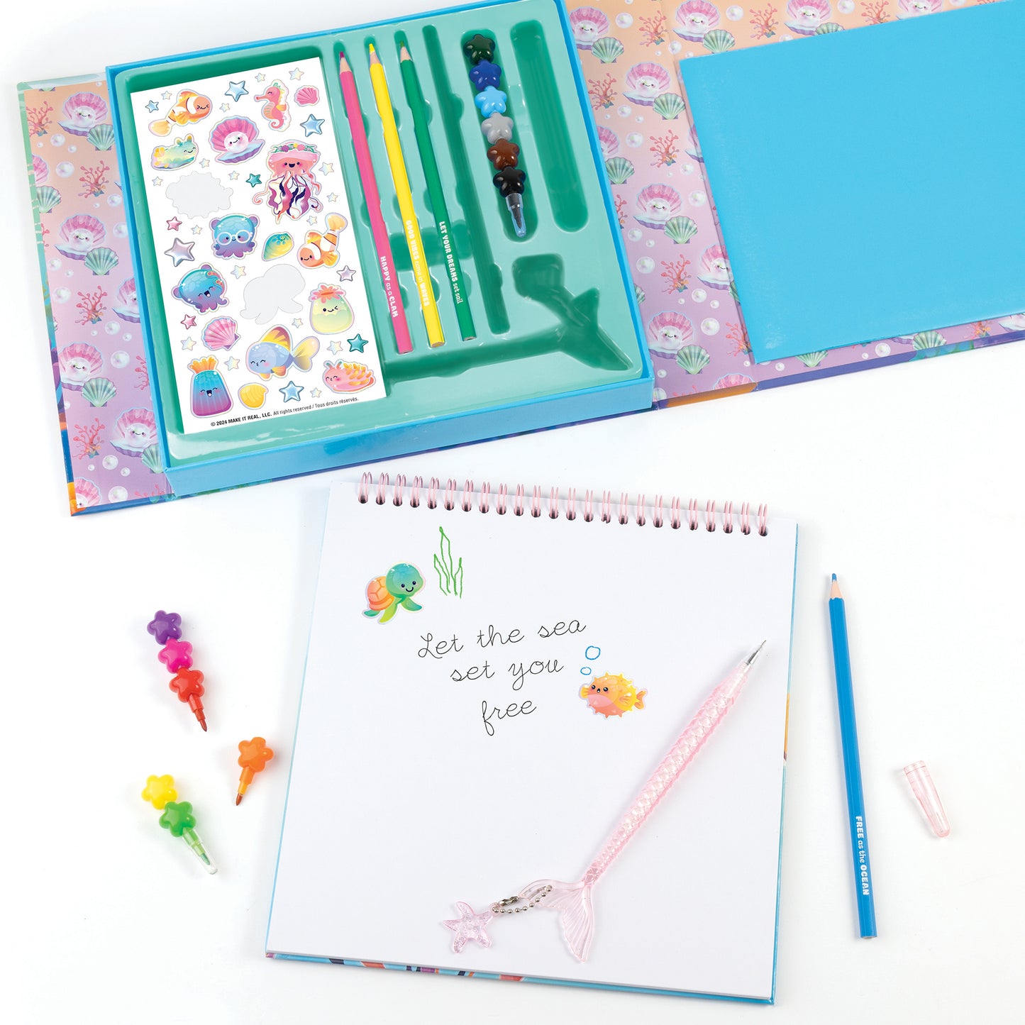 Seas The Day Aquatic Artist Drawing Set with colored pencils, sketchbook, and sea creature stickers