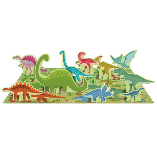 Colorful 3D dinosaur scene with multiple standing dinosaur figures on a green base with landscape details