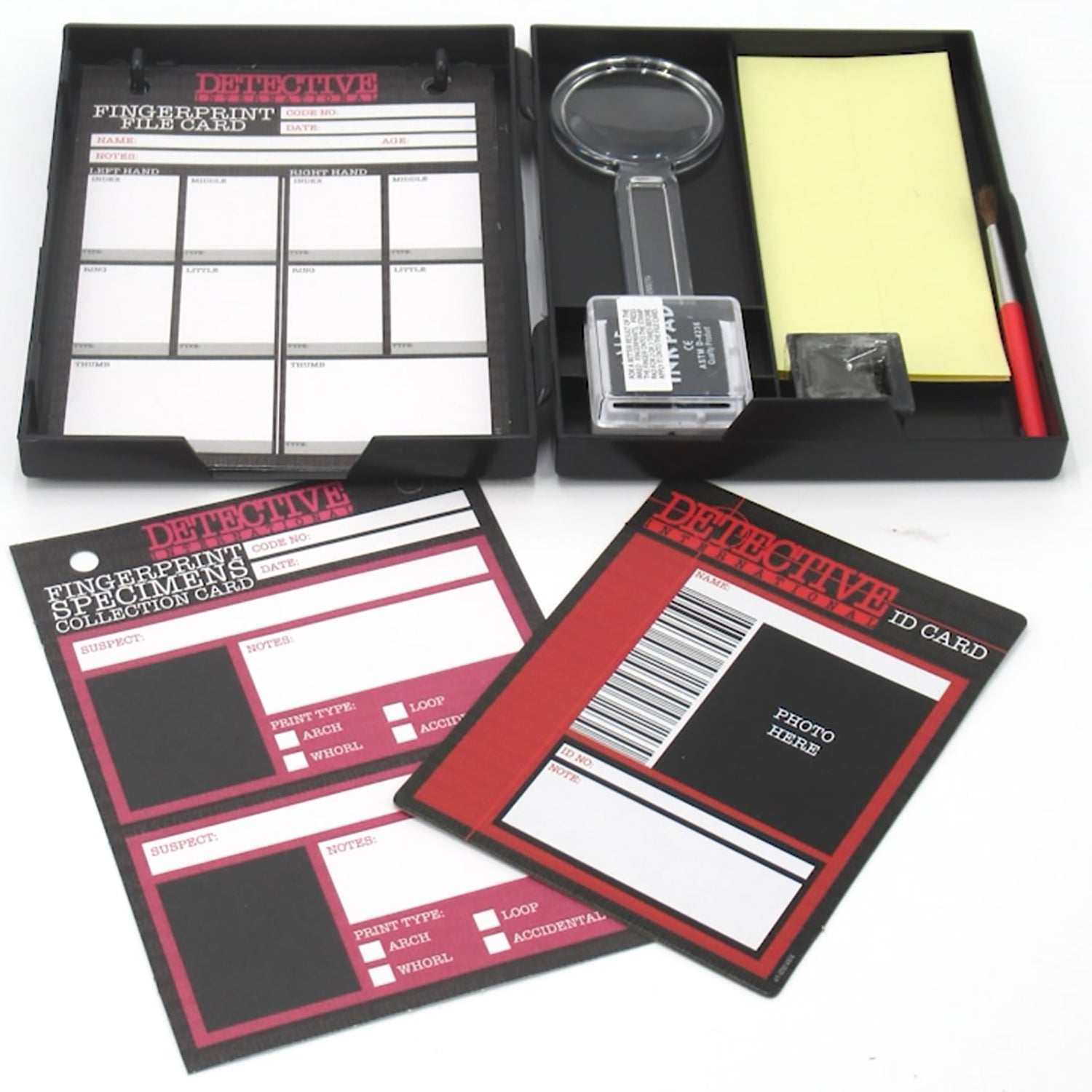 KidzLabs Fingerprint Kit with detective cards, magnifying glass, and ink pad