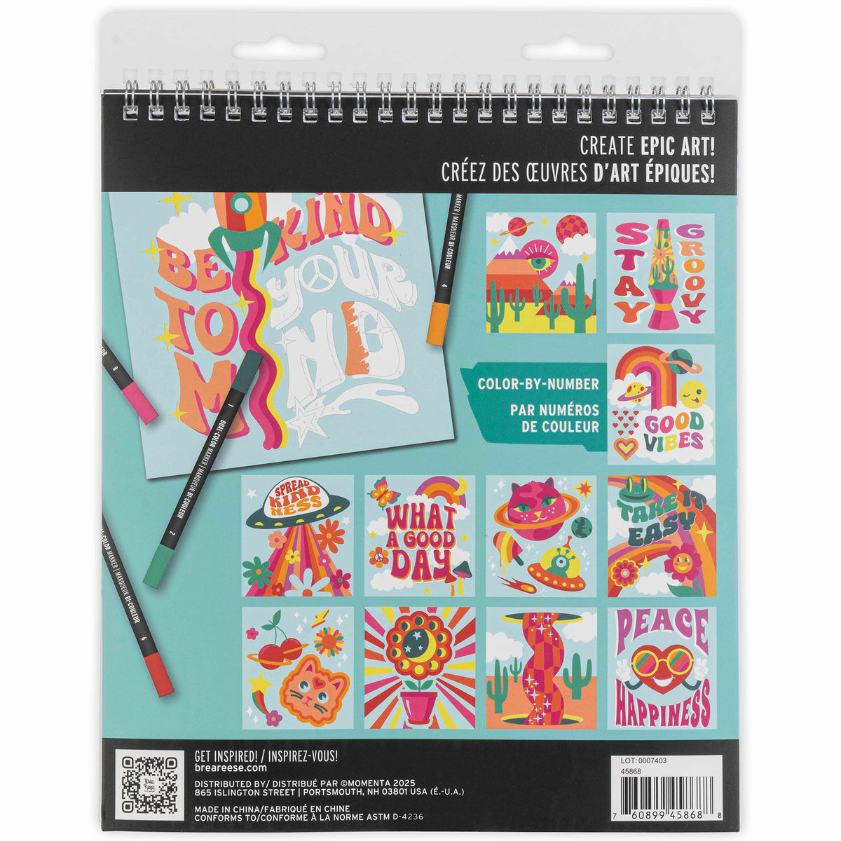 Marker Color By Number: Good Vibes spiral-bound activity book with colorful designs and markers