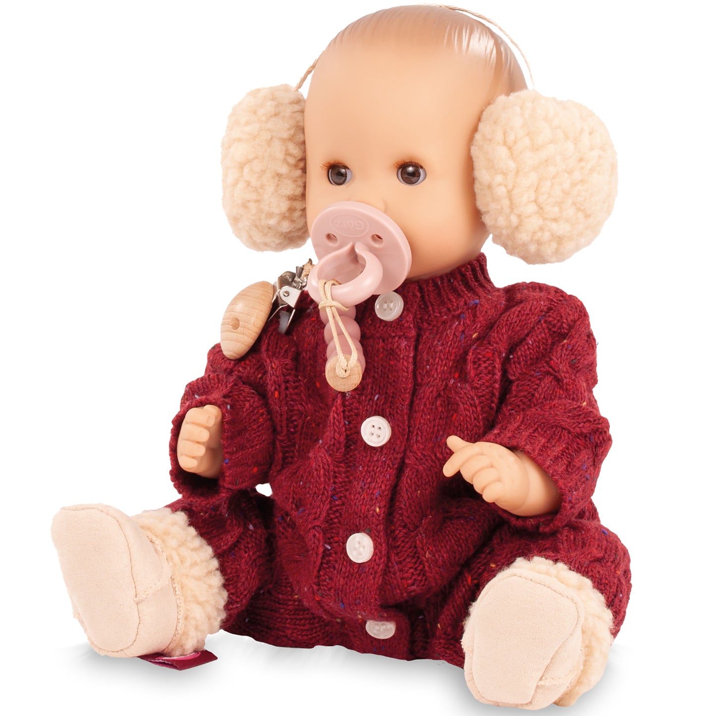 Jubilee Sleepy Aquini 13 inch doll with cream earmuffs, burgundy knit coat, pink pacifier
