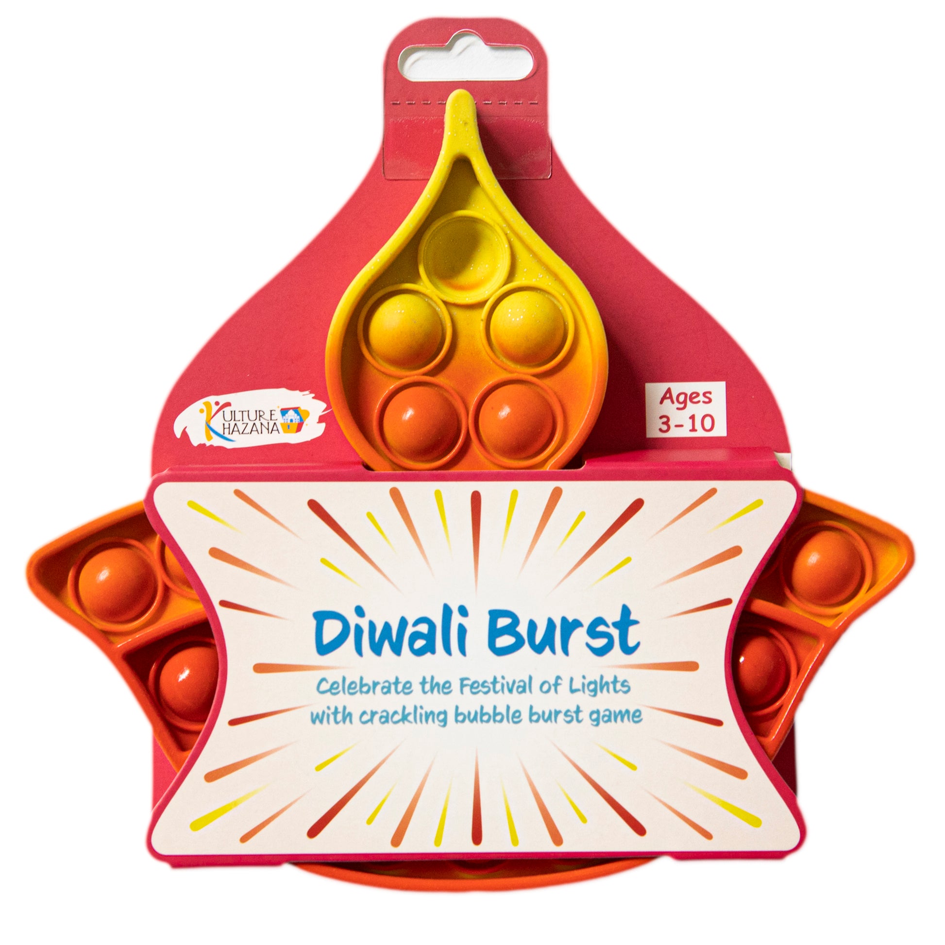 Diwali Burst fidget toy with yellow and orange bubble pop design, ages 3-10