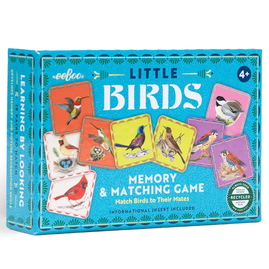 eeBoo Little Birds Memory Matching Game box featuring colorful bird cards on blue packaging, ages 4+