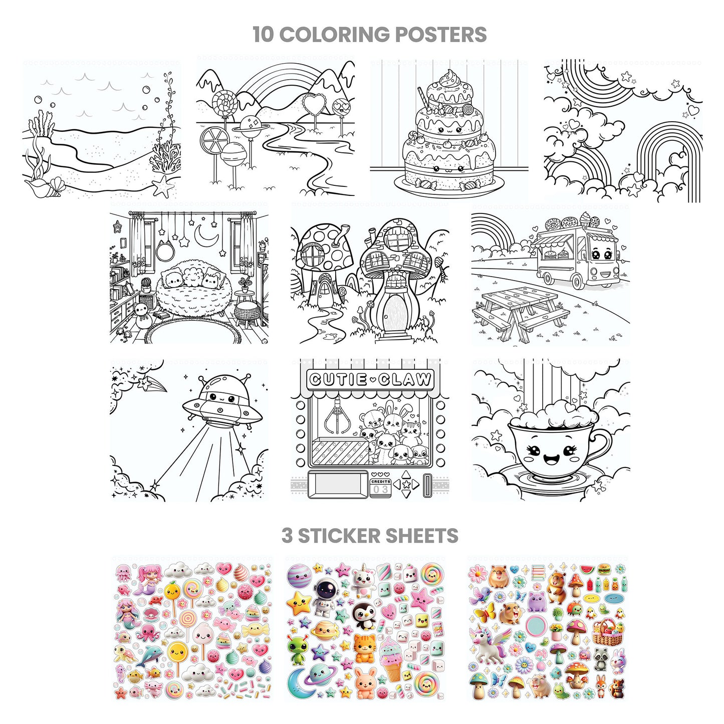 Coloring & Collage Activity Set with 10 coloring posters and 3 sticker sheets featuring cute animals