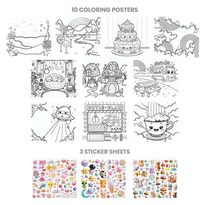 Coloring & Collage Activity Set with 10 coloring posters and 3 sticker sheets featuring cute animals