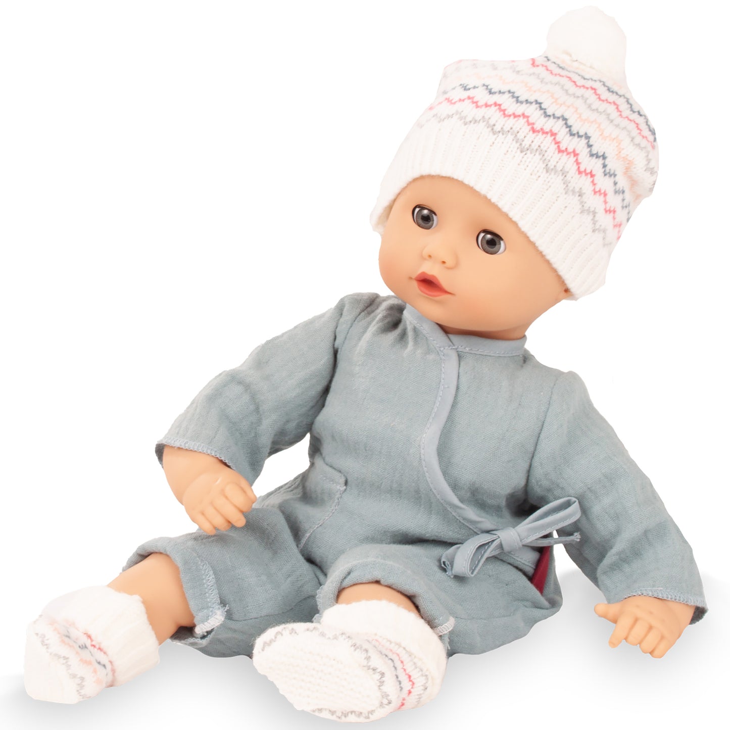 Gotz Muffin Baby Zig Zag 13" doll wearing gray romper, white knit hat with pink stripes, and white socks