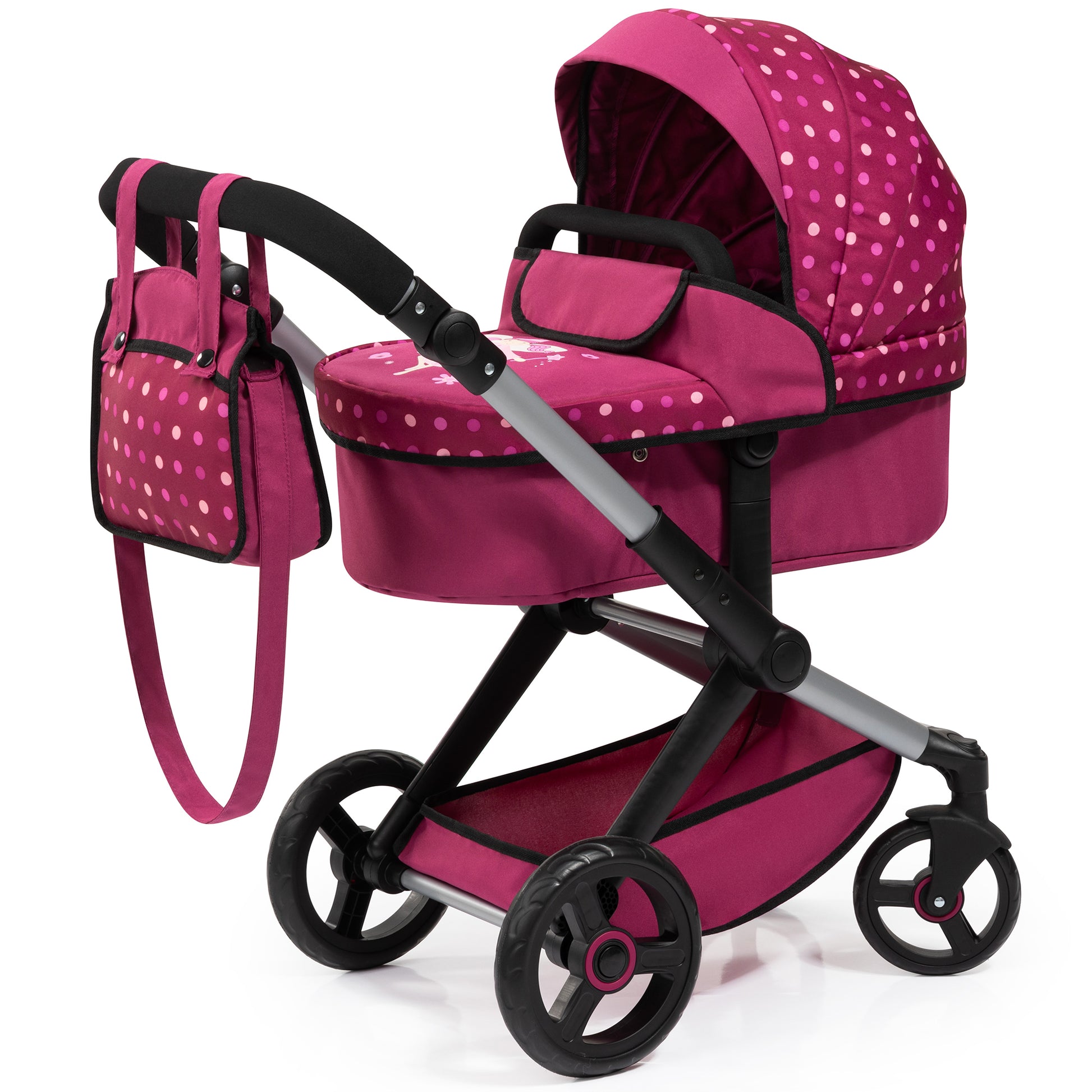 Pink and white polka-dot doll pram with black frame, convertible bassinet and seat, matching diaper bag, for 18-inch dolls