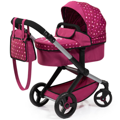 Pink and white polka-dot doll pram with black frame, convertible bassinet and seat, matching diaper bag, for 18-inch dolls
