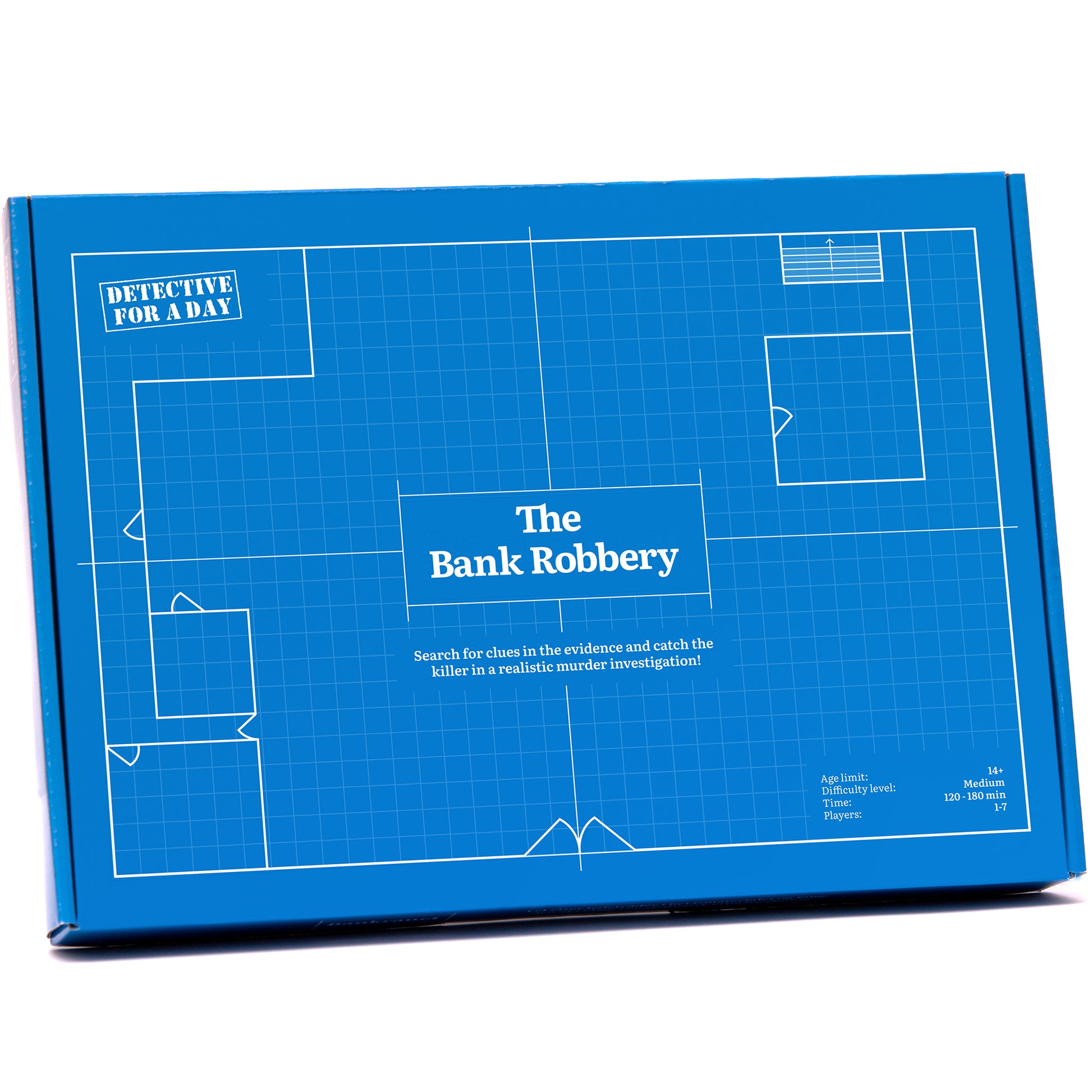 Detective For A Day: The Bank Robbery board game box with blue blueprint-style design