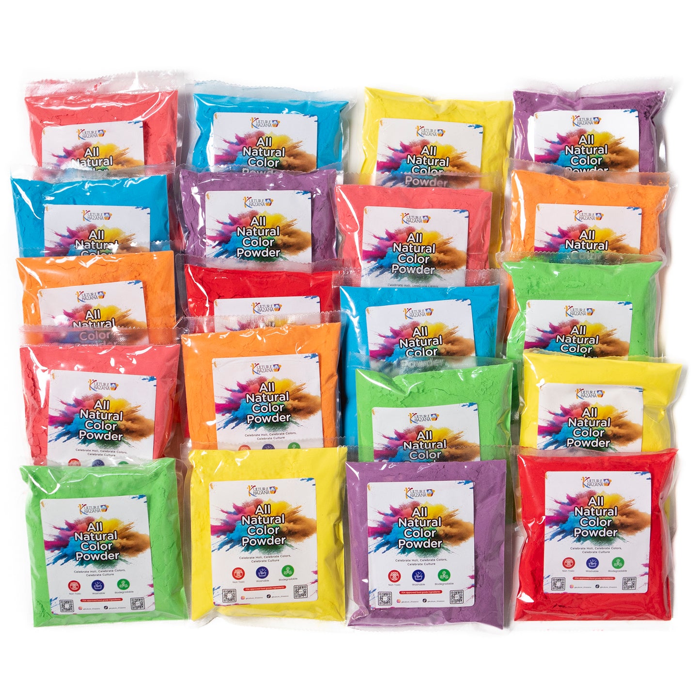 Holi Color Powder 20 Pack with vibrant red, blue, yellow, green, orange and purple powder packets