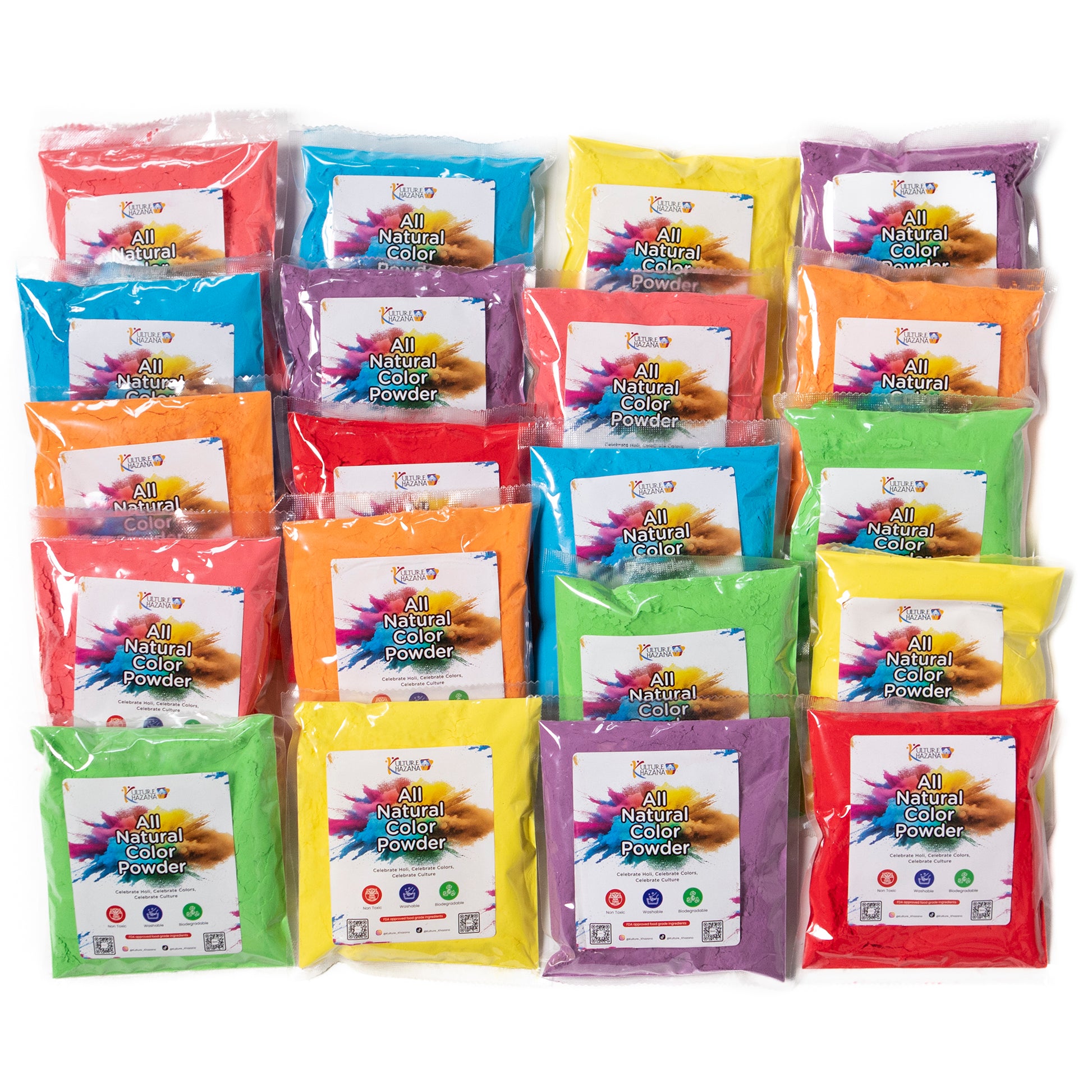 Holi Color Powder 20 Pack with vibrant red, blue, yellow, green, orange and purple powder packets