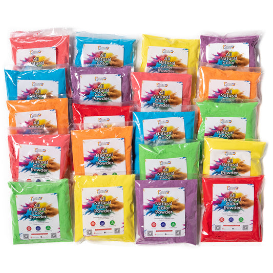 Holi Color Powder 20 Pack with vibrant red, blue, yellow, green, orange and purple powder packets