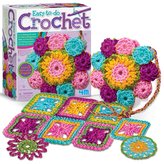 Easy-To-Do Crochet kit with colorful crocheted flowers, blankets, and accessories in pink, purple, turquoise, and yellow