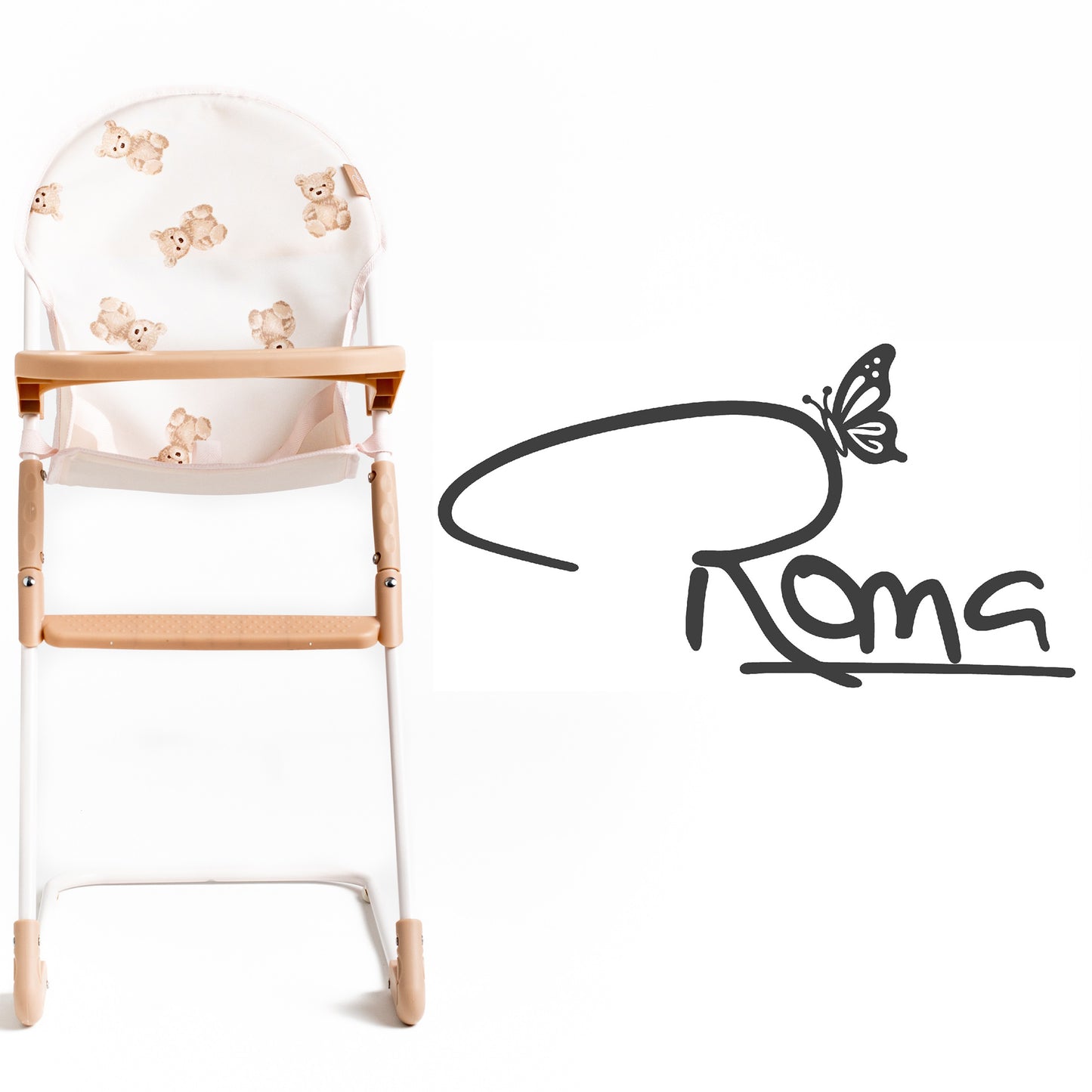 Roma Teddy High Chair with beige teddy bear pattern and natural wood frame
