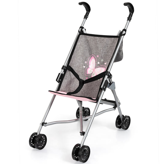 Bayer Design Doll Buggy with grey fabric seat, pink butterfly design, and silver frame