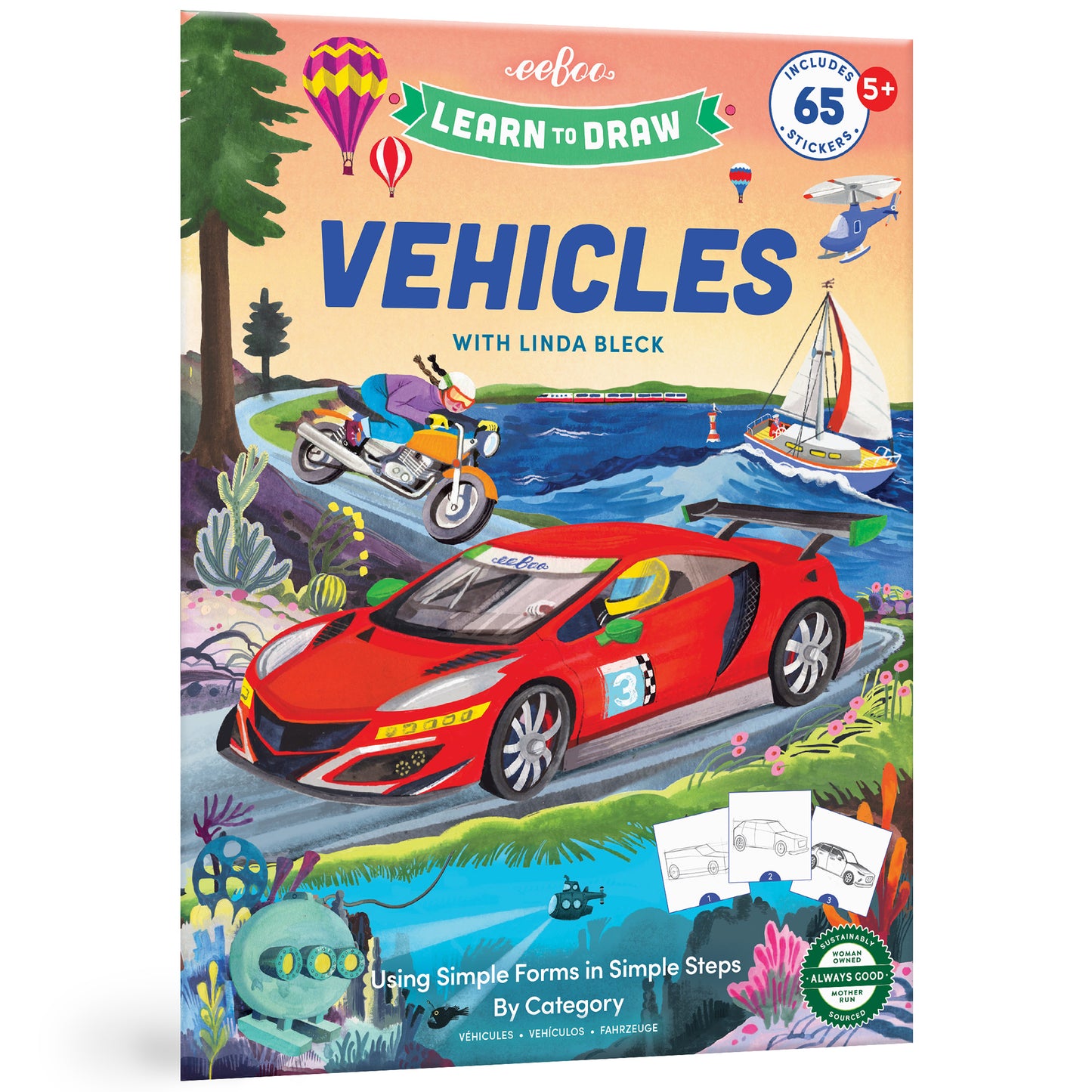 Learn to Draw Vehicles book by eeBoo with red sports car, motorcycle, sailboat and hot air balloons