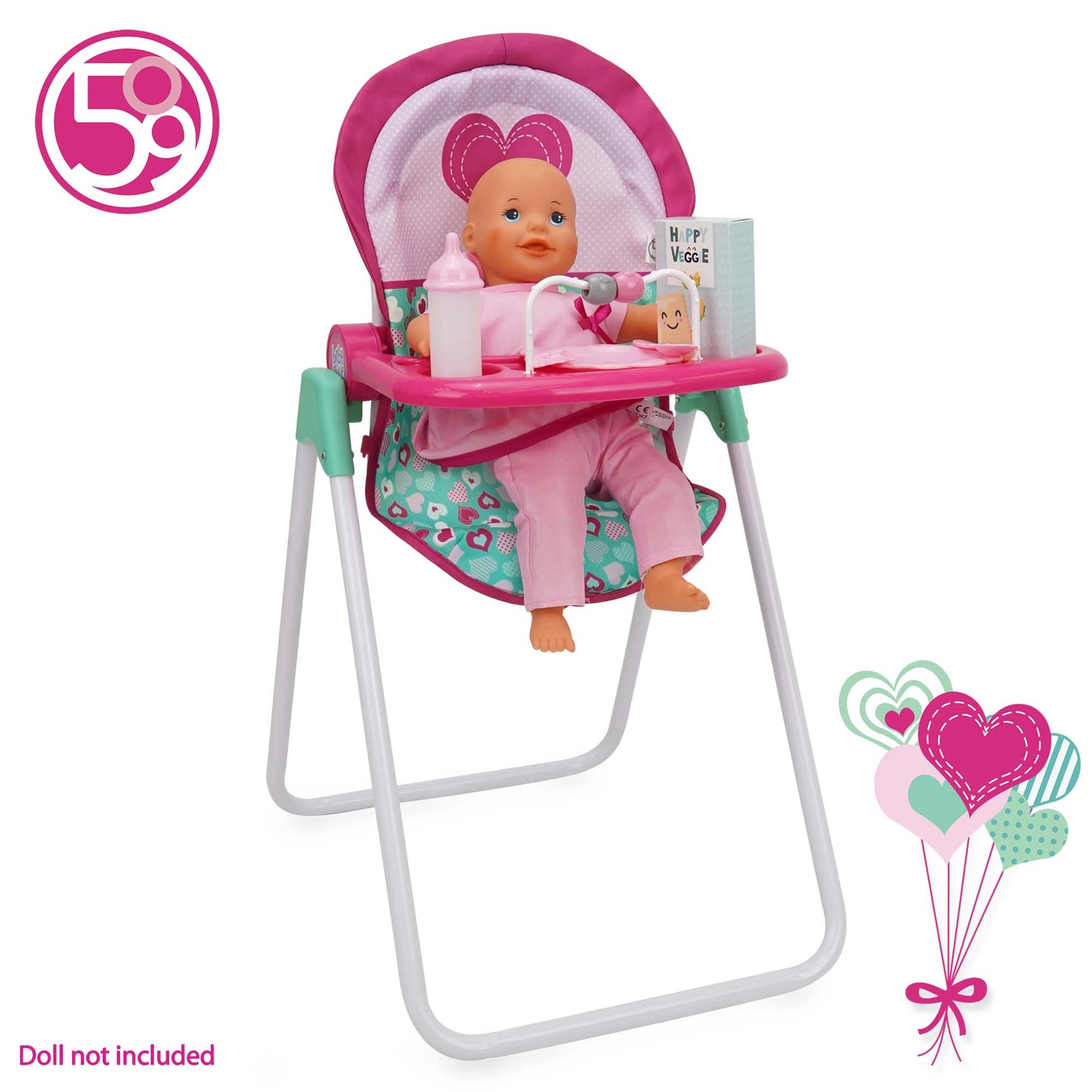 509 Crew Mint Heart Foodie Doll Highchair with pink and mint accessories