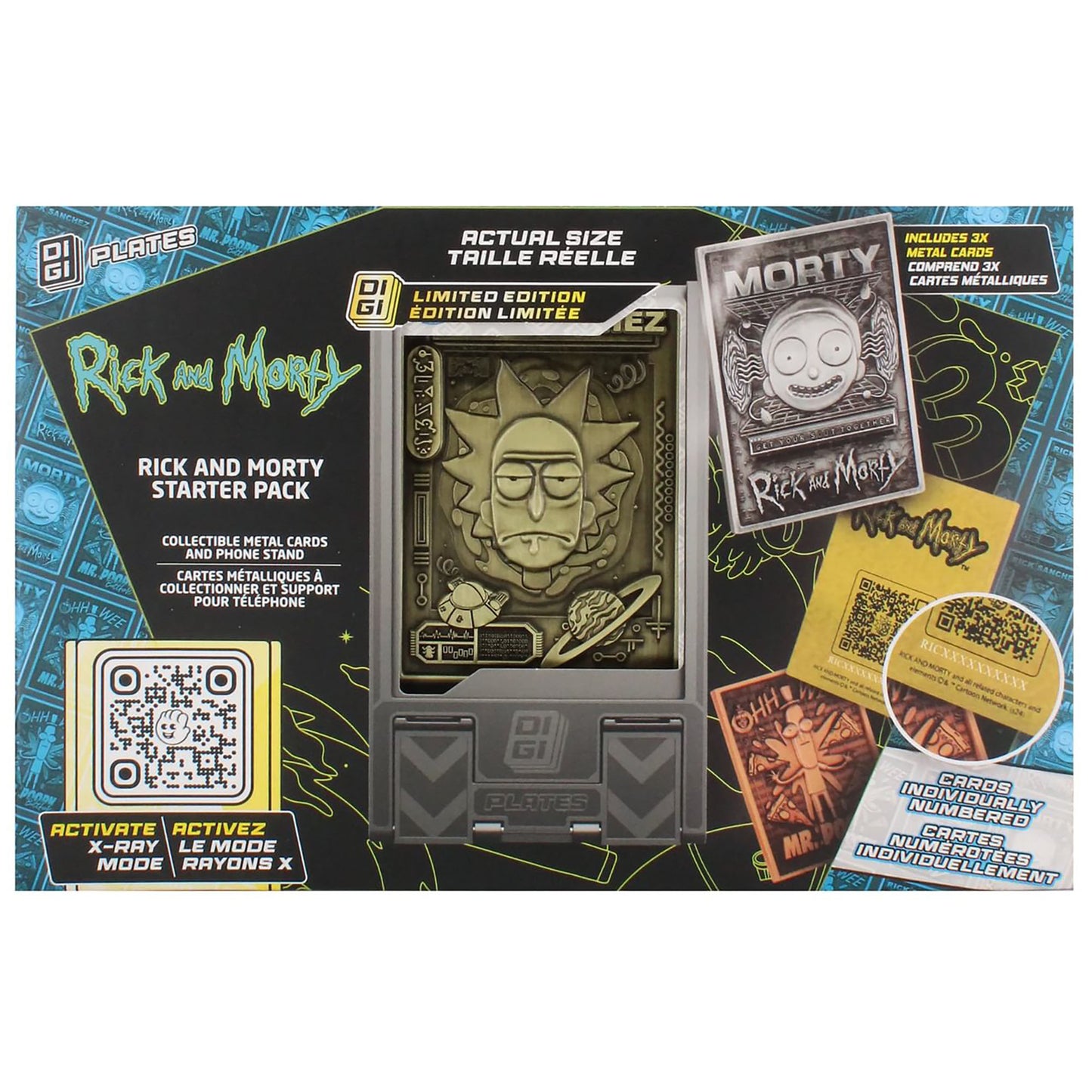 Rick and Morty Starter Pack with handheld digital device displaying Rick's face, 3 collectible metal cards, phone stand, QR code card, and product packaging on