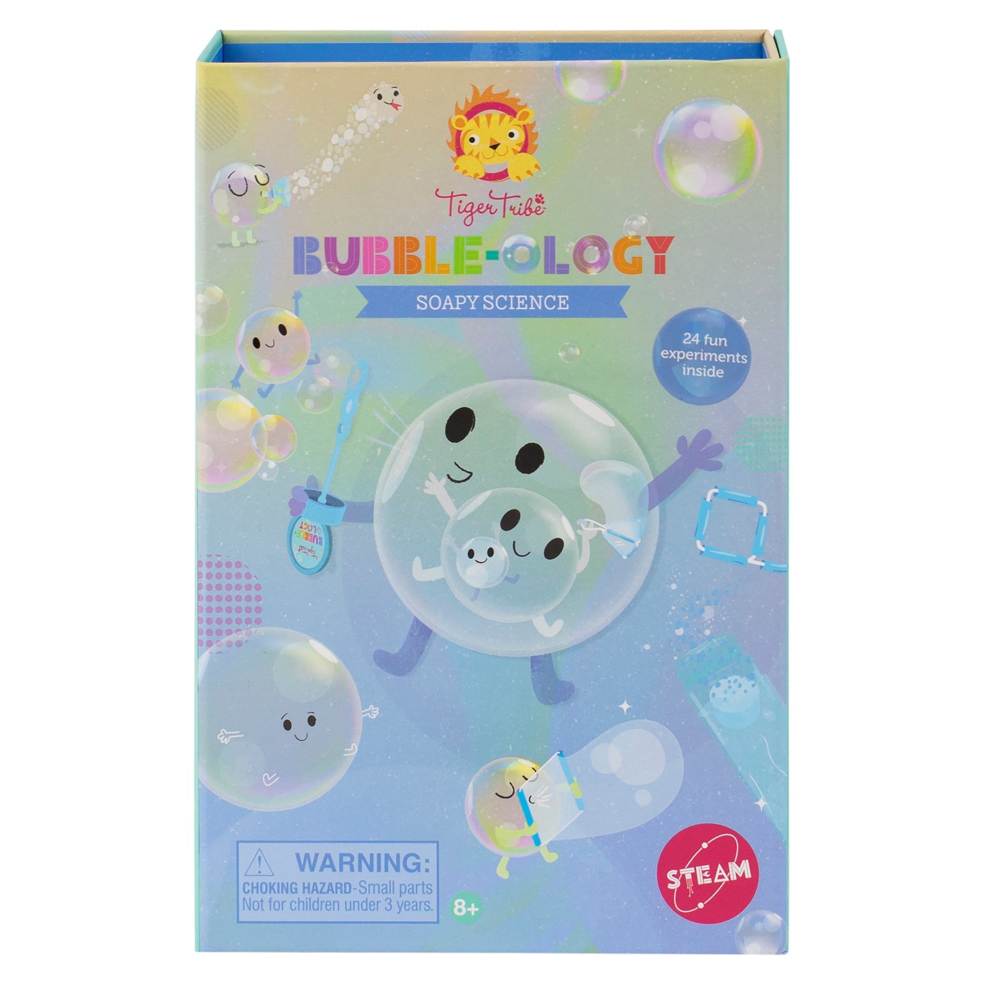 Tiger Tribe Bubble-Ology Soapy Science activity kit box featuring cheerful bubble characters and soap experiment illustrations, labeled 24 fun experiments insid