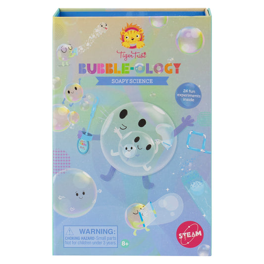 Tiger Tribe Bubble-Ology Soapy Science activity kit box featuring cheerful bubble characters and soap experiment illustrations, labeled 24 fun experiments insid