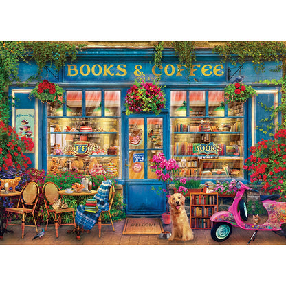 Eurographics Books & Coffee 1000 Piece Puzzle featuring charming blue café storefront with flowers