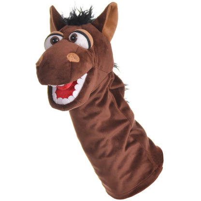 Brown horse hand puppet with black mane, large eyes, tan inner ears, and red mouth with white teeth