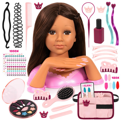 Charlene Magic Nails brunette doll with makeup set, nail polish, and styling accessories