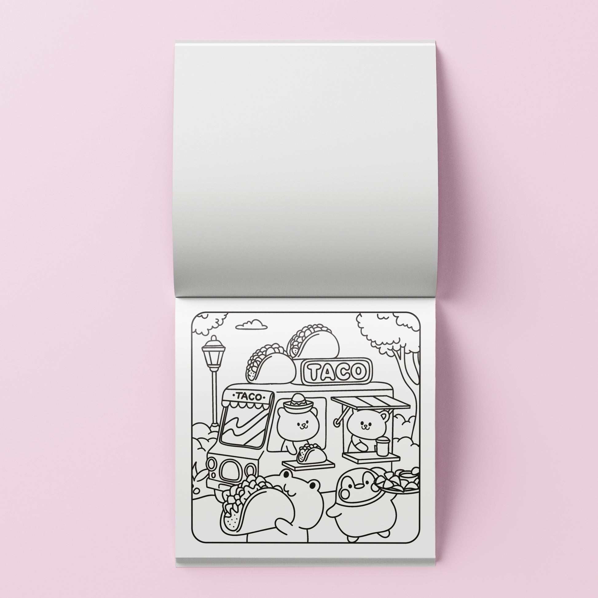 Art Maker Cozy Coloring Kit Around Town with taco shop scene coloring page