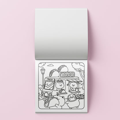 Art Maker Cozy Coloring Kit Around Town with taco shop scene coloring page
