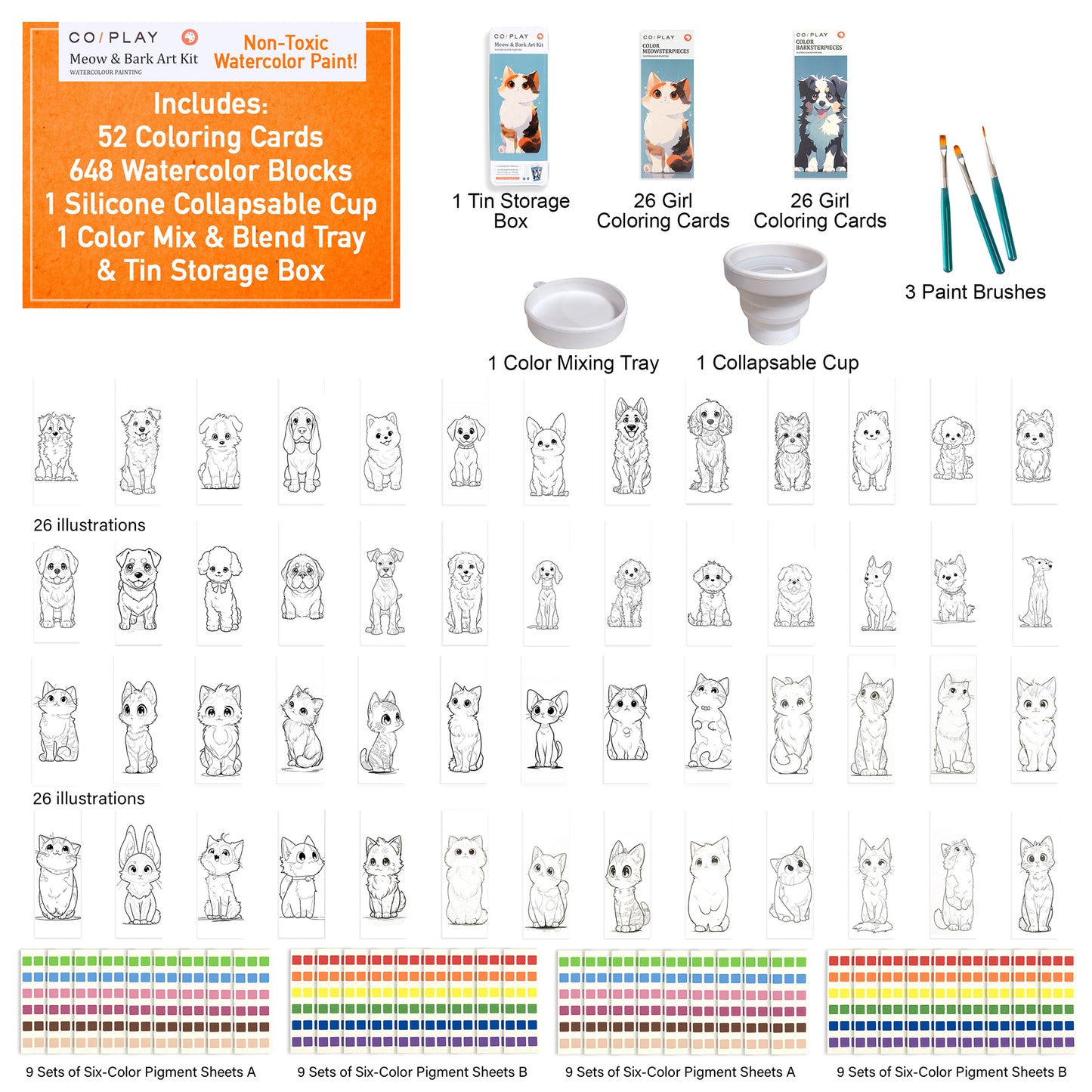 COIPLAY Meow & Bark Watercolor Art Kit with 52 coloring cards, paint brushes, and color palette